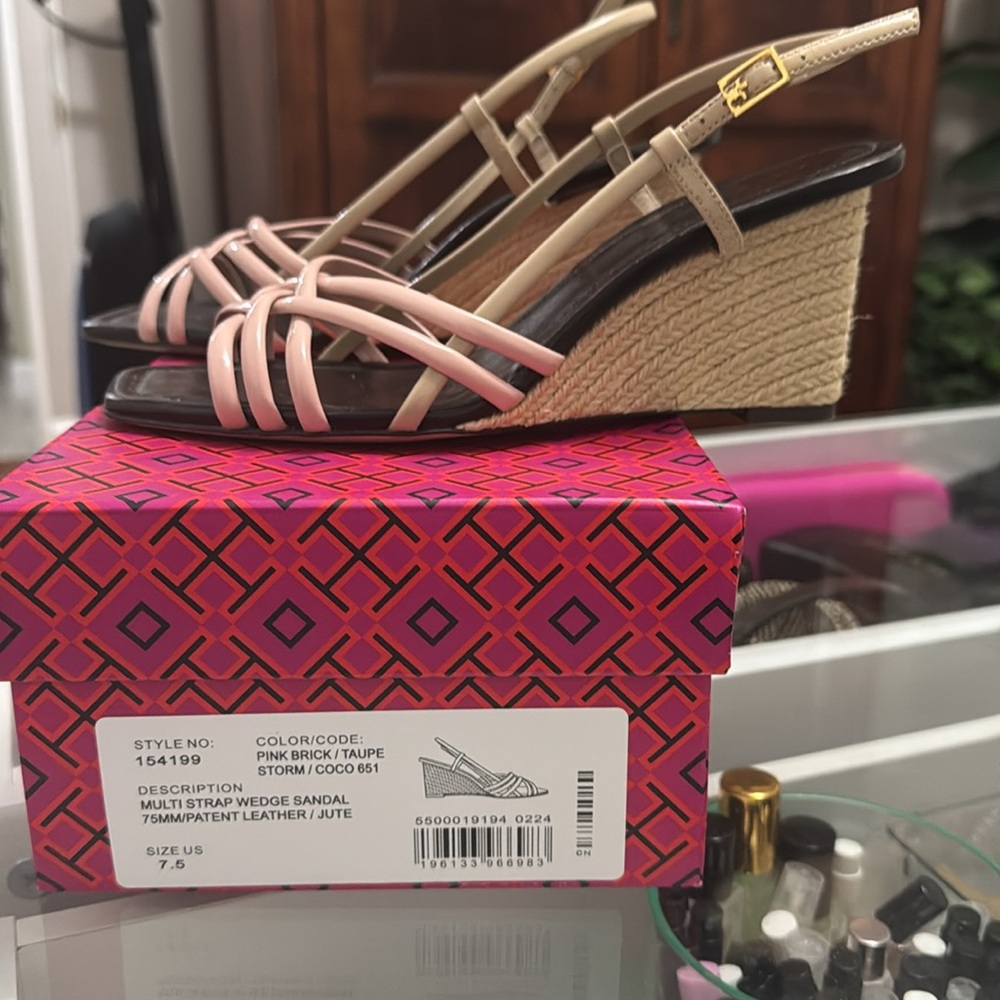 multi strap wedge sandal 75mm color: pink brick / taupe storm / coco size: 7.5